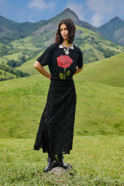 FARM Rio Black Flowered Lace Midi Skirt | FARM Rio
