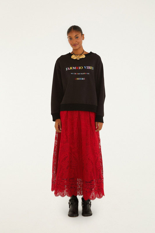 FARM Rio Red Guipure Boho Garden Skirt | FARM Rio