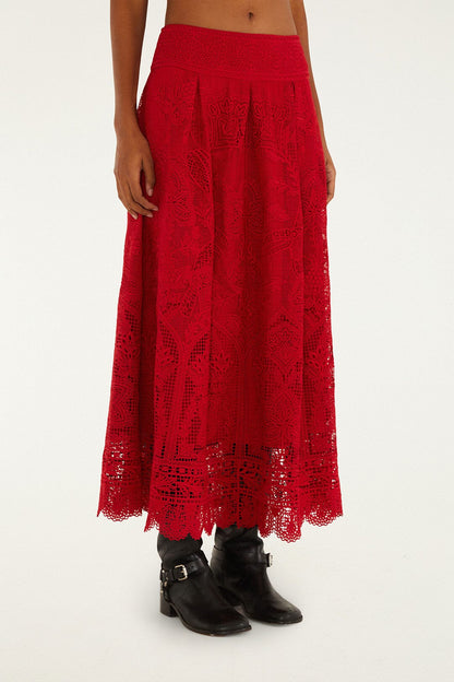 FARM Rio Red Guipure Boho Garden Skirt | FARM Rio