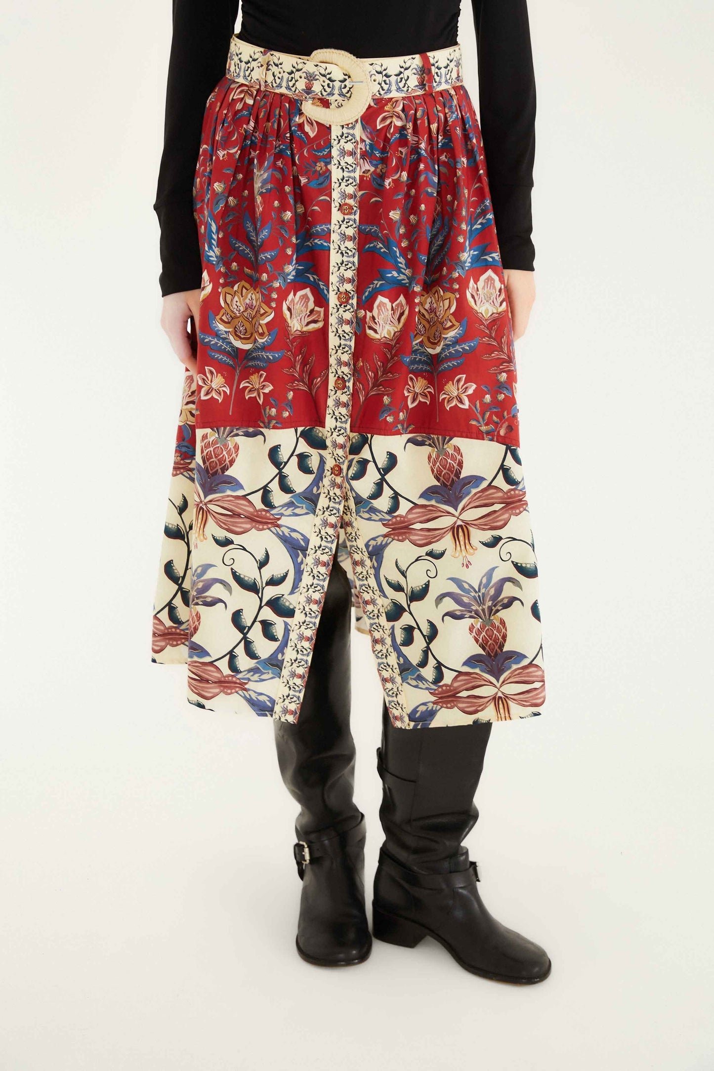 FARM Rio Red Winter Breeze Buttoned Belted Organic Cotton Midi Skirt | FARM Rio