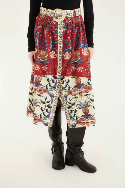 FARM Rio Red Winter Breeze Buttoned Belted Organic Cotton Midi Skirt | FARM Rio