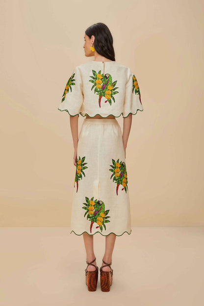 FARM Rio Off-White Maracana Bird Euroflax™ Premium Linen Midi Skirt