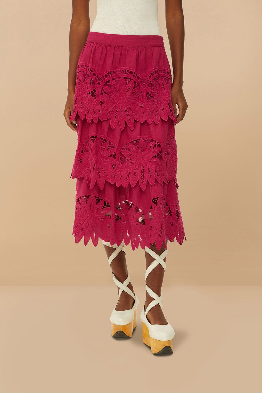 FARM Rio Pink Daisy Embroidered Midi Skirt