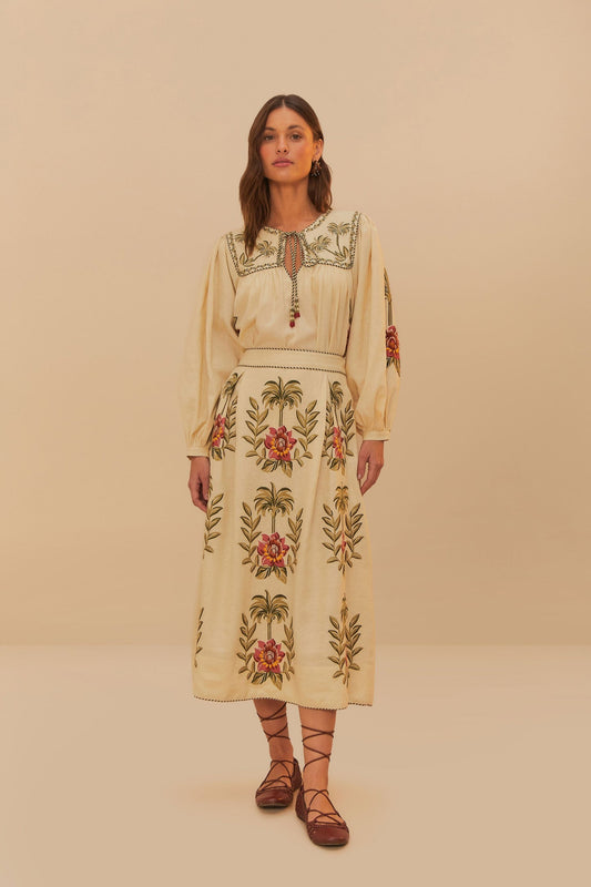 FARM Rio Sand Tropical Flower Embroidered LENZING™ ECOVERO™ Euroflax™ Maxi Skir