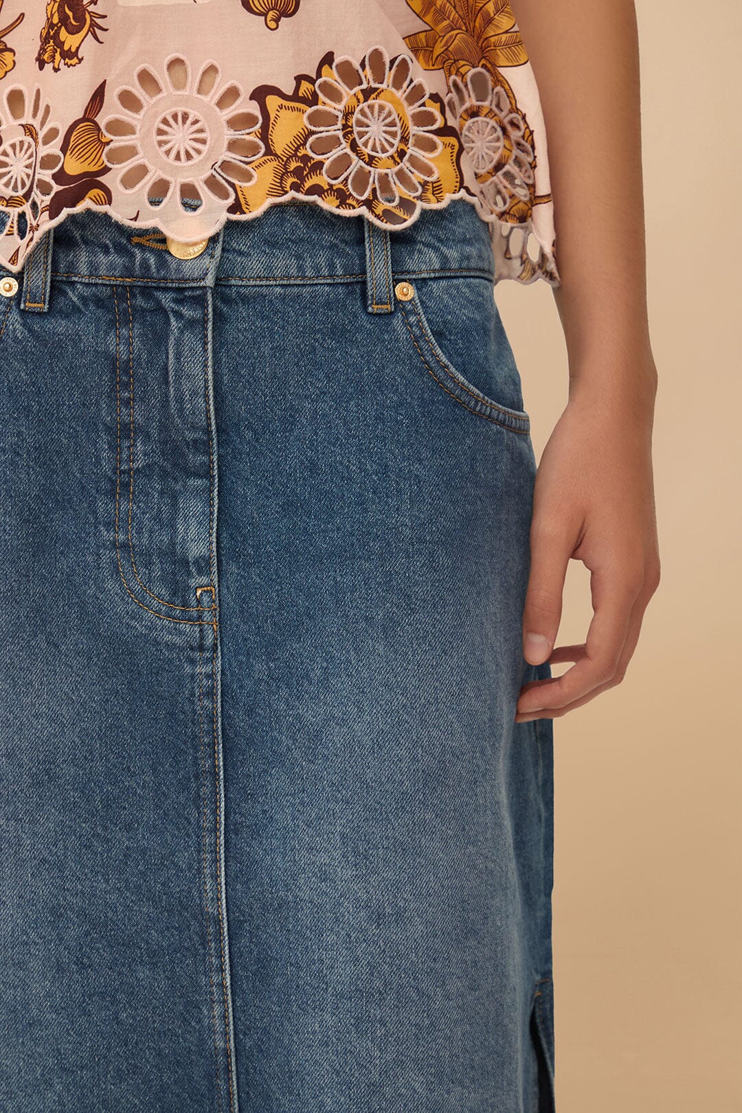 FARM Rio Denim Side Slit Maxi Skirt