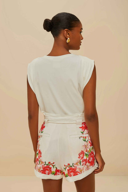 FARM Rio Off-White Flower Tapestry Embroidered Shorts