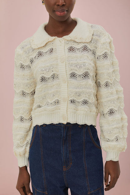 FARM Rio Mixed Stitches Off-White Knit Cardigan