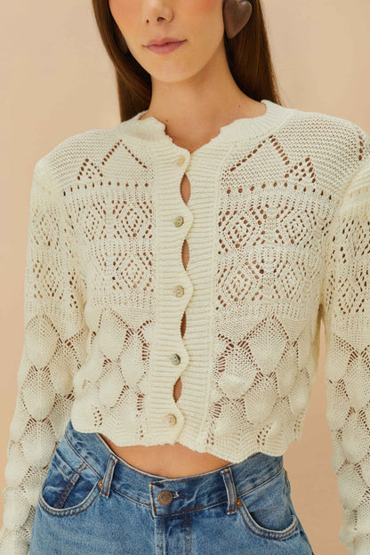 FARM Rio Off-White Mixed Lace Stitch Cardigan