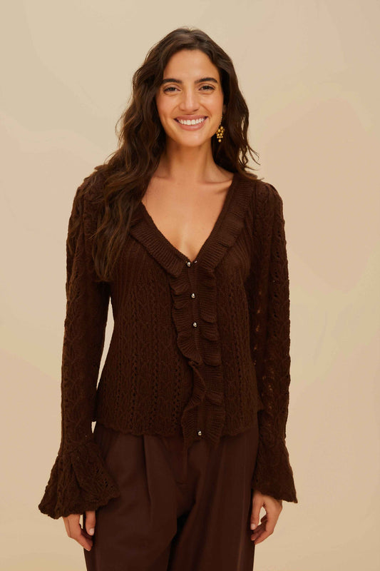 FARM Rio Lace Stitch Knit Ruffles Cardigan