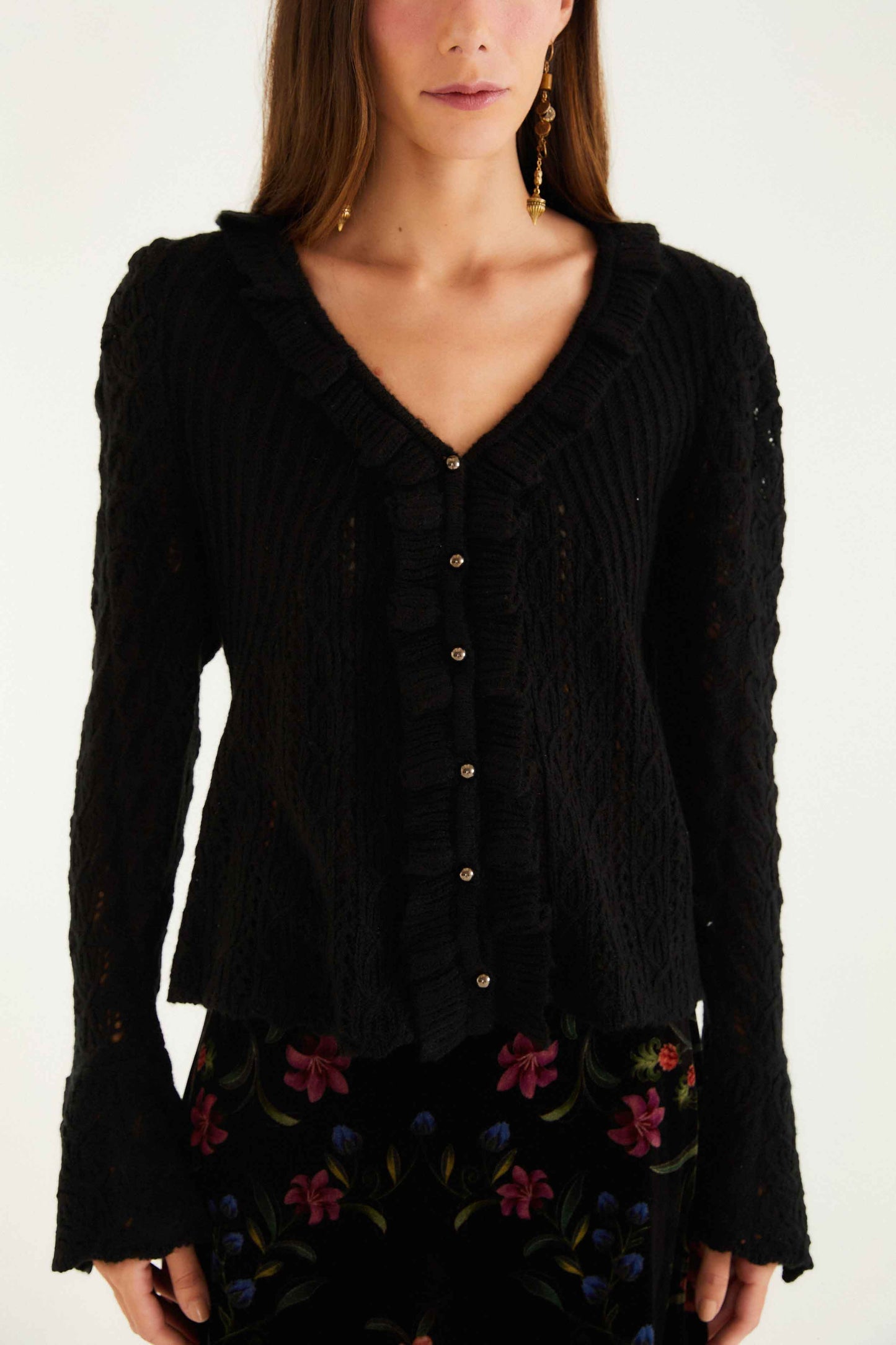 FARM Rio Black Lace Ruffled Knit Cardigan | FARM Rio