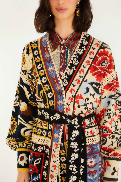 FARM Rio Mixed Flower Print Patchwork Knit Midi Cardigan | FARM Rio