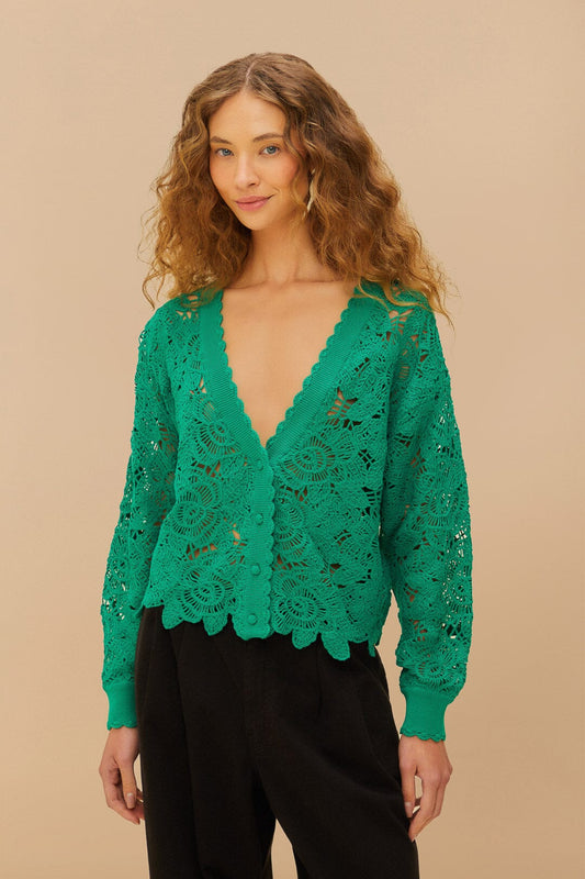FARM Rio Green Flower Crochet Cardigan
