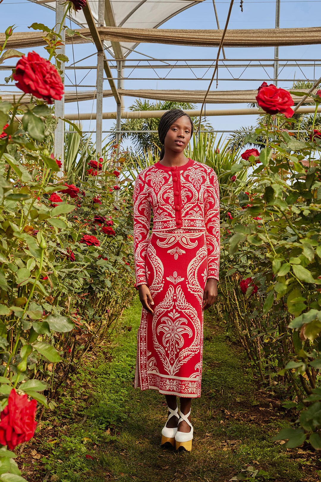 FARM Rio Red Tropical Jacquard Knit Cardigan